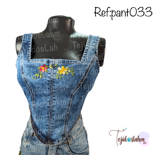 Top jeans oscuro bordado a mano flores