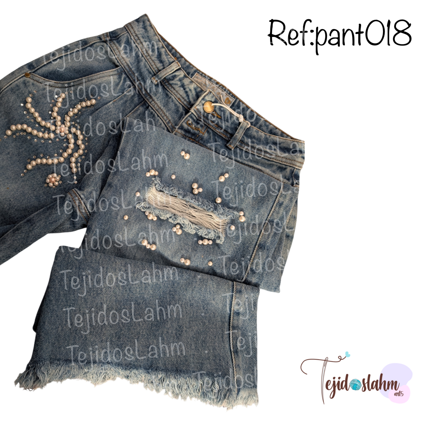 Pantalón de jean con aplicación de perlas blancas