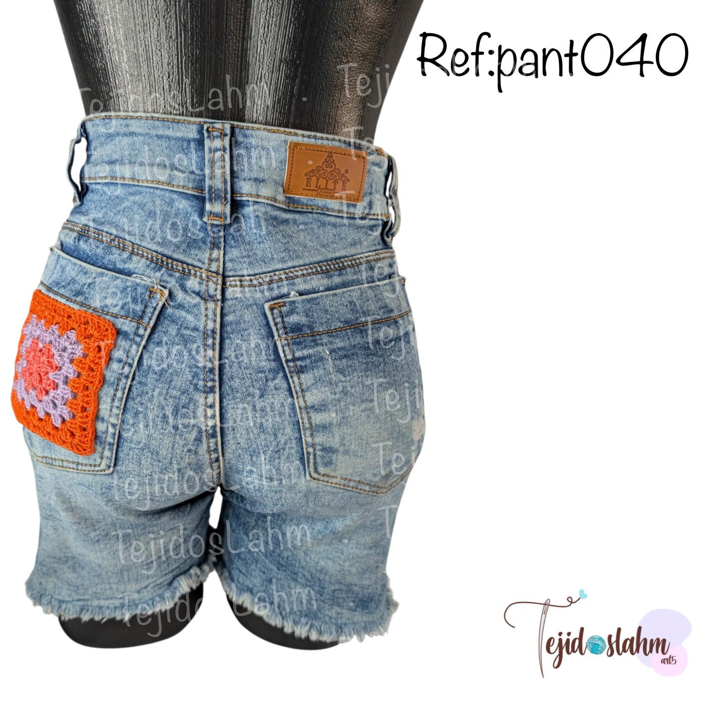 Short de jeans bordado a mano flores naranja cuadro en bolsilo