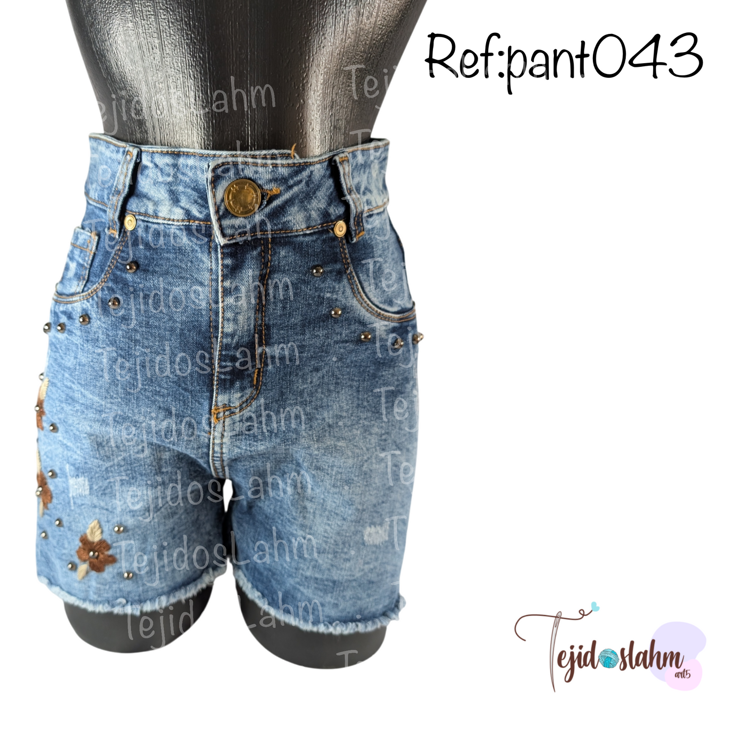 Short de jeans bordado a mano flores cafés