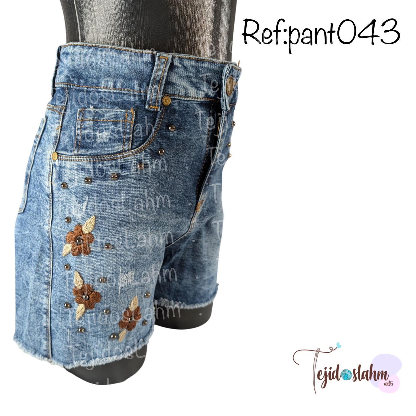 Short de jeans bordado a mano flores cafés