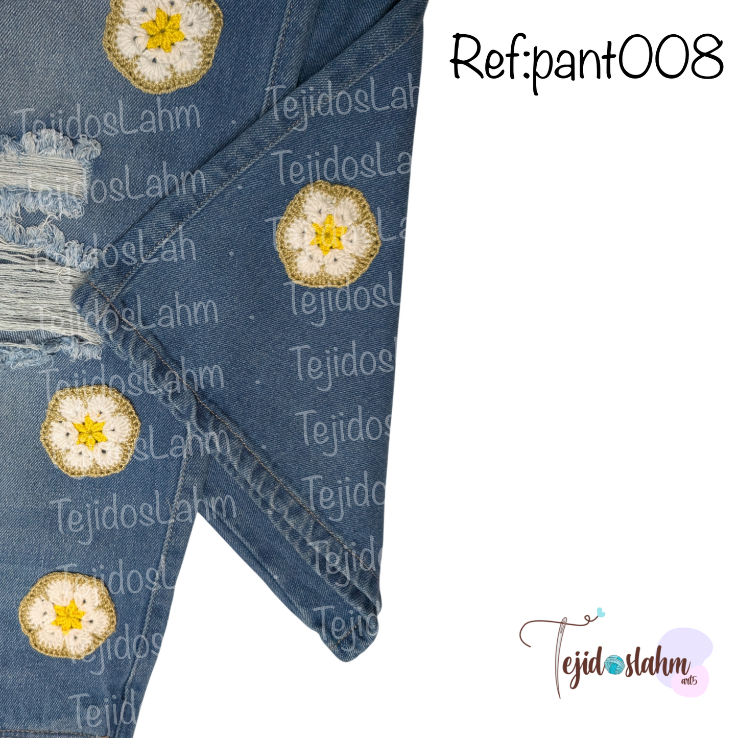 Pantalón de jeans con flores y gato bordado