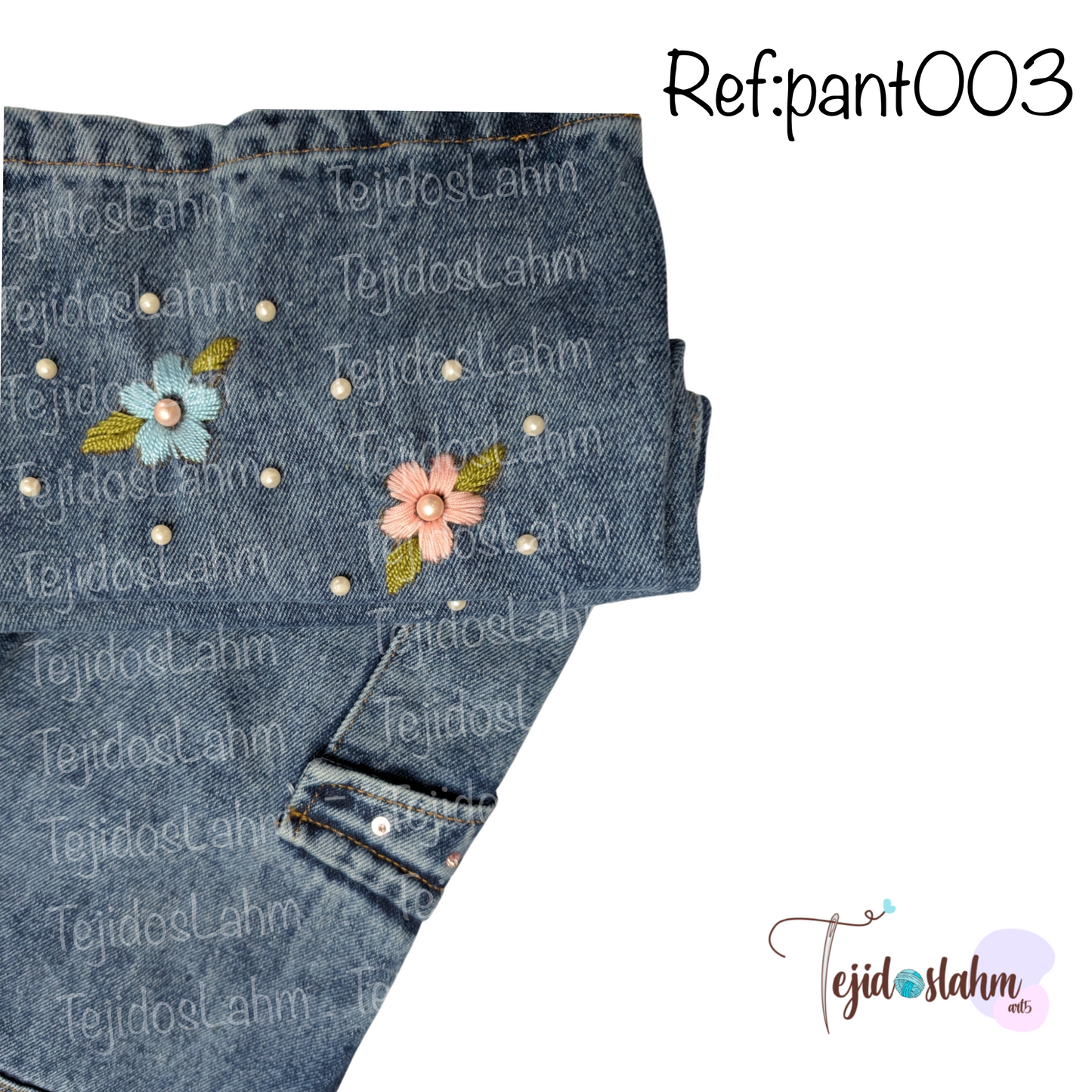 Pantalón de jeans flores pastel bordado