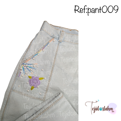 Pantalón de jeans flores ramitos bordado