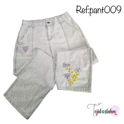 Pantalón de jeans flores ramitos bordado