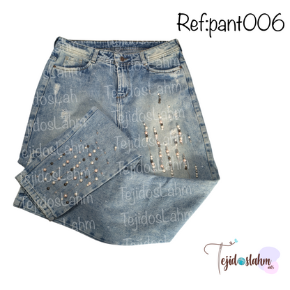 Pantalón de jeans con perlas bordado - Ref: 006