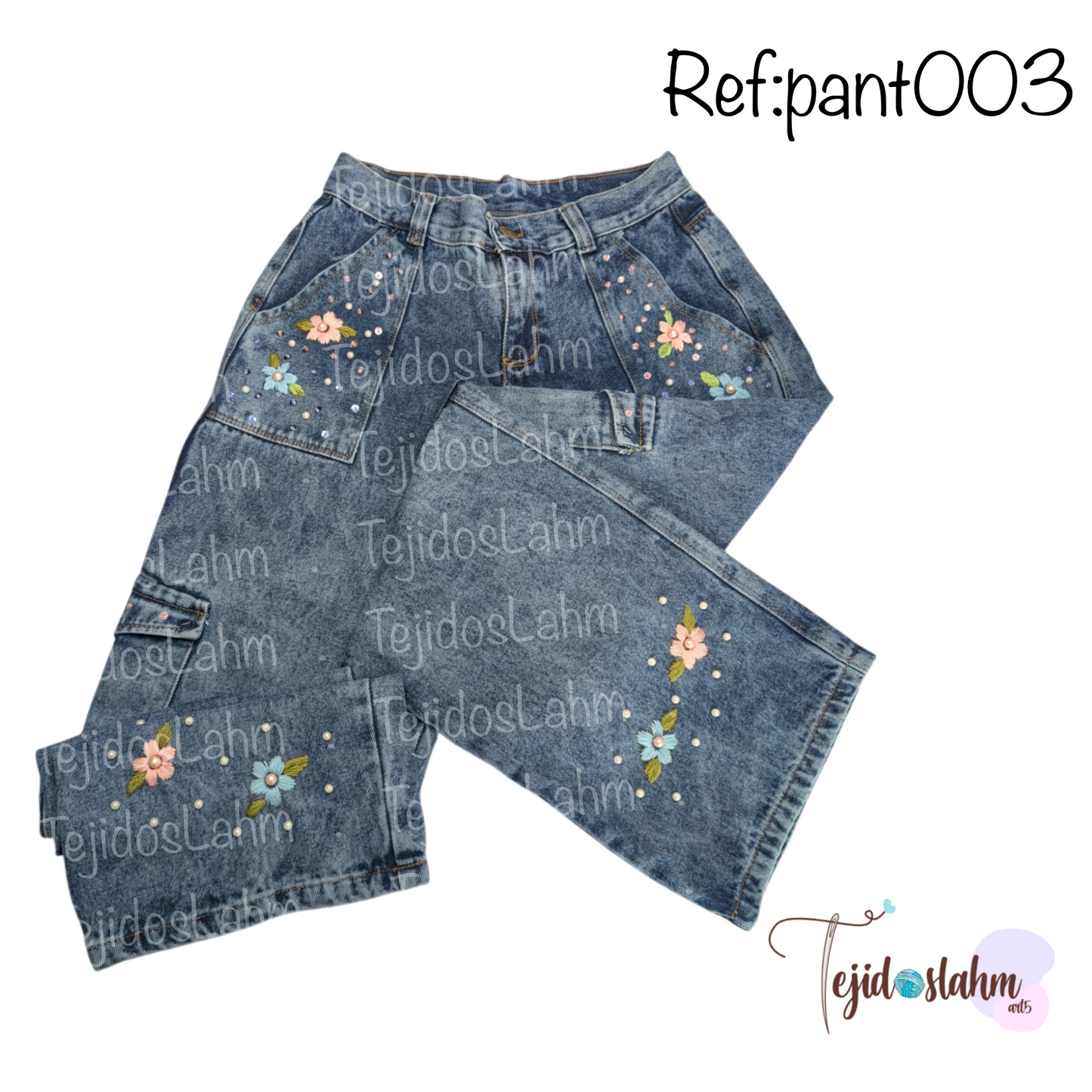 Pantalón de jeans flores pastel bordado