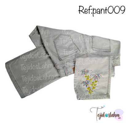 Pantalón de jeans flores ramitos bordado