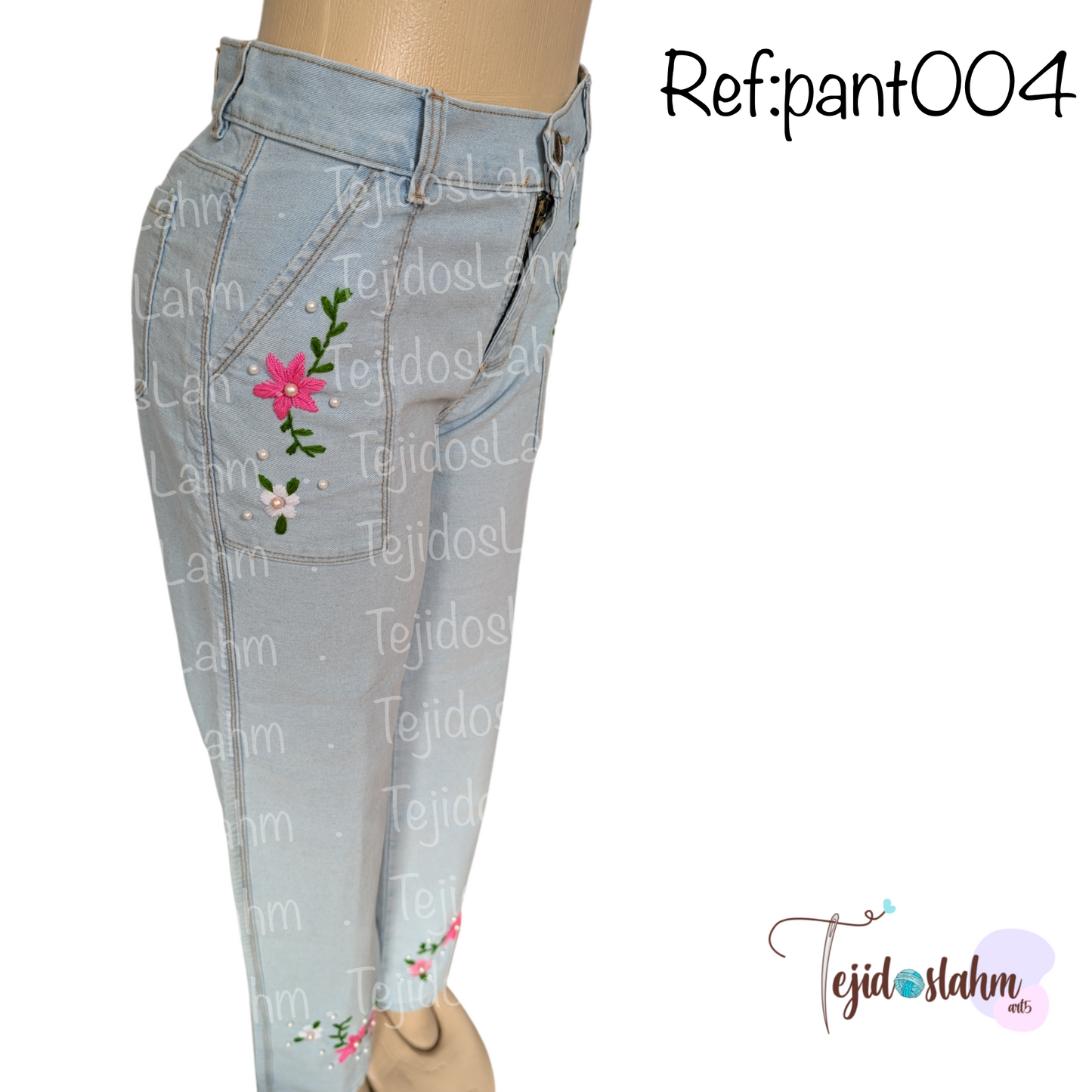 Pantalón de jeans flores magenta bordado