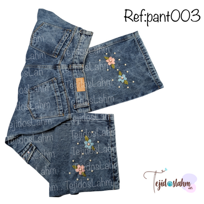 Pantalón de jeans flores pastel bordado