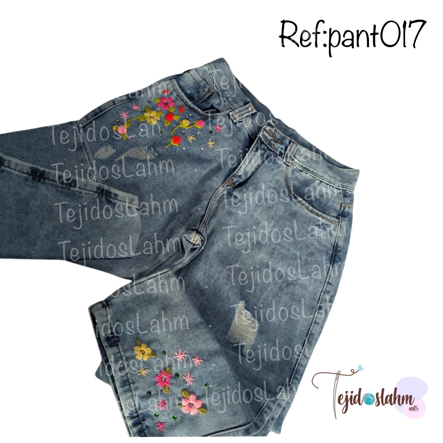 Pantalón de jeans bordado con ornamentos florales